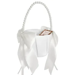 Flower Girl Basket with Bow White (12.5cmDx22cmH)