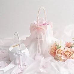 Flower Girl Basket with Bow White (12.5cmDx22cmH)