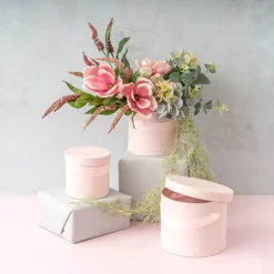 Flower Hat Box Ribbon Round Set 3 Baby Pink (18.5cmx15cmH)