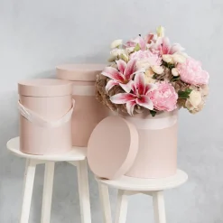Flower Hat Box Tall Round Blush Pink Set 3 (24.5Dx30cmH)