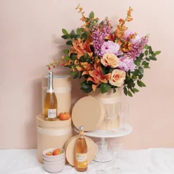 Flower Hat Box Tall Round Apricot Peach Set 3 (24.5Dx30cmH)