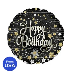 Foil Balloon 17" (42.5cm Dia) Happy Birthday Stars Black