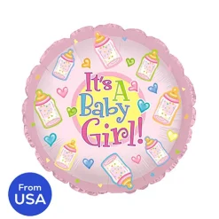 Foil Balloon 17" (42.5cm Dia) It's A Baby Girl with Bottles