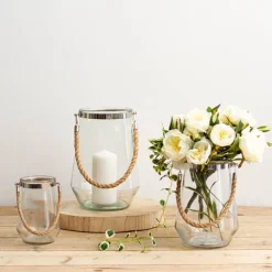 Glass Elva Hurricane Vase Rope Handle Clear (20cmDx28cmH)