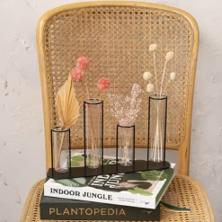 Glass Four Tube Bud Vase Metal Frame Black (30.6x17.5cmH)