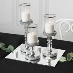 Glass Sleeve Pillar Candle Holder Stand Silver (32cmH)