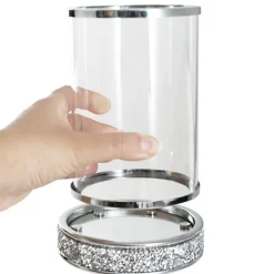 Glass Sleeve Pillar Candle Holder Stand Silver (32cmH)