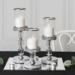 Glass Sleeve Pillar Candle Holder Stand Silver (38cmH)