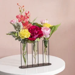 Glass Three Tube Bud Vase Metal Frame Black (23.6x17.5cmH)