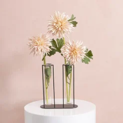 Glass Two Tube Vase Metal Frame Black Large (15.6Dx17.5cmH)