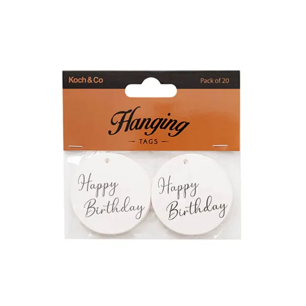 Hanging Gift Tags Happy Birthday Round White Pack 20 (5cm)
