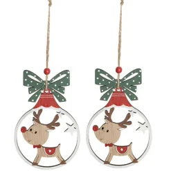 Hanging Wooden Reindeer Pack 2 Red (14cmH)