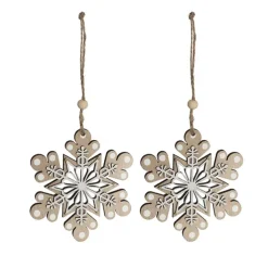 Hanging Wooden Snowflake Pack 2 Natural Beige (12cmH)