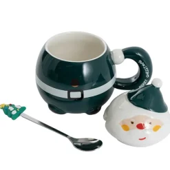 Jolly Happy Santa Ceramic Mug w Spoon Dark Green (8x14cmH)
