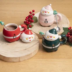 Jolly Happy Santa Ceramic Mug w Spoon Pink (8x14cmH)