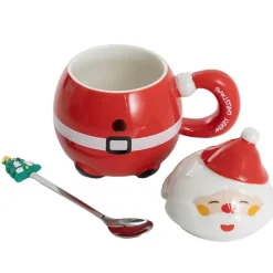 Jolly Happy Santa Ceramic Mug w Spoon Red (8x14cmH)
