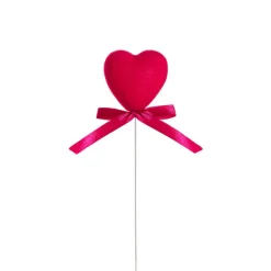 Love Heart Pick w Bow Pack 3 Flocked Hot Pink (6cmDx30cmH)