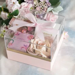 Luxe Gift Box Acrylic Lid and Ribbon Pink Gold (20x20x13Hcm)