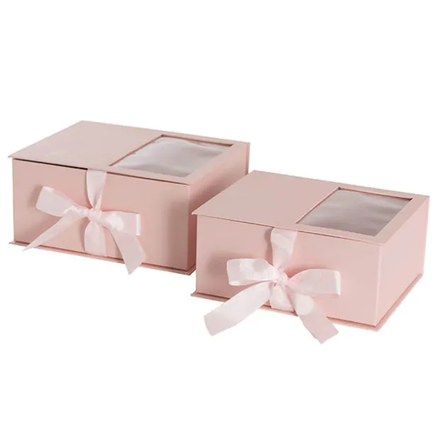 Luxe Gift Flower Box Window Ribbon Set 2 Pink (24x20x11Hcm)