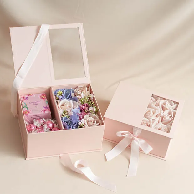 Luxe Gift Flower Box Window Ribbon Set 2 Pink (24x20x11Hcm)