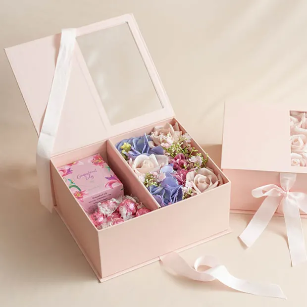 Luxe Gift Flower Box Window Ribbon Set 2 Pink (24x20x11Hcm)