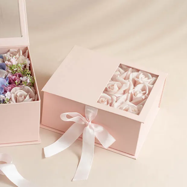 Luxe Gift Flower Box Window Ribbon Set 2 Pink (24x20x11Hcm)