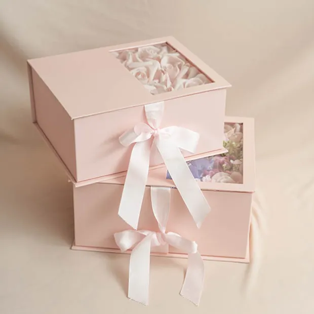 Luxe Gift Flower Box Window Ribbon Set 2 Pink (24x20x11Hcm)