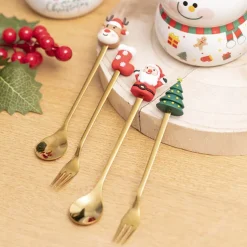 Mini Spoon & Fork Christmas Set 4 Gold (15cmH)
