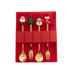 Mini Spoon & Fork Christmas Set 4 Gold (15cmH)