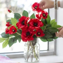 Poppy Flower Stem with Black Centre Red (11cmDx60cmH)