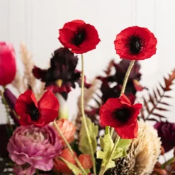 Poppy Spray 4x Flowers Black Centre Red (58cmH)