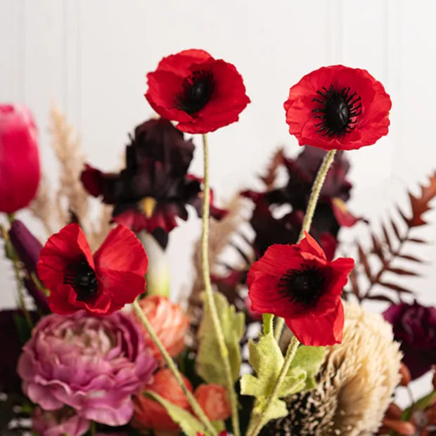 Poppy Spray 4x Flowers Black Centre Red (58cmH)