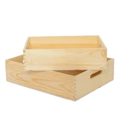 Premium Wooden Crate Box Tray Natural Lrg Set 2 42x33x11cmH