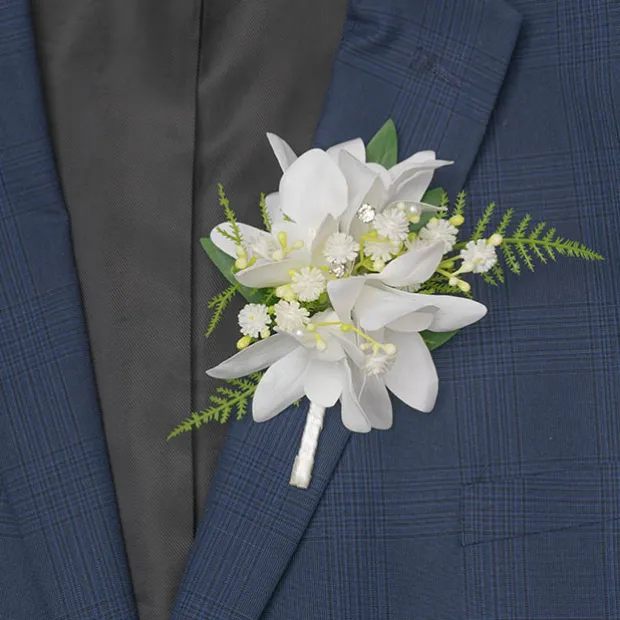 Real Touch Orchid Corsage Boutonniere in Box White (13cmH)