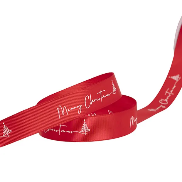 Ribbon Grosgrain Merry Christmas Swirl Tree Red (25mmx20m)