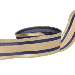 Ribbon Linen Wire Edge Bold Stripe Navy & Gold (60mmx20m)