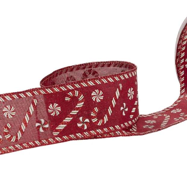 Ribbon Linen Wire Edge Candy Canes Red (60mmx20m)