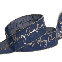 Ribbon Linen Wire Edge Gold Merry Christmas Navy (60mmx20m)