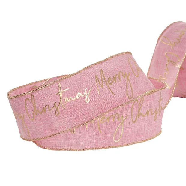 Ribbon Linen Wire Edge Gold Merry Christmas Pink (60mmx20m)