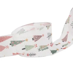 Ribbon Linen Wire Edge Pastel Xmas Trees White (60mmx20m)