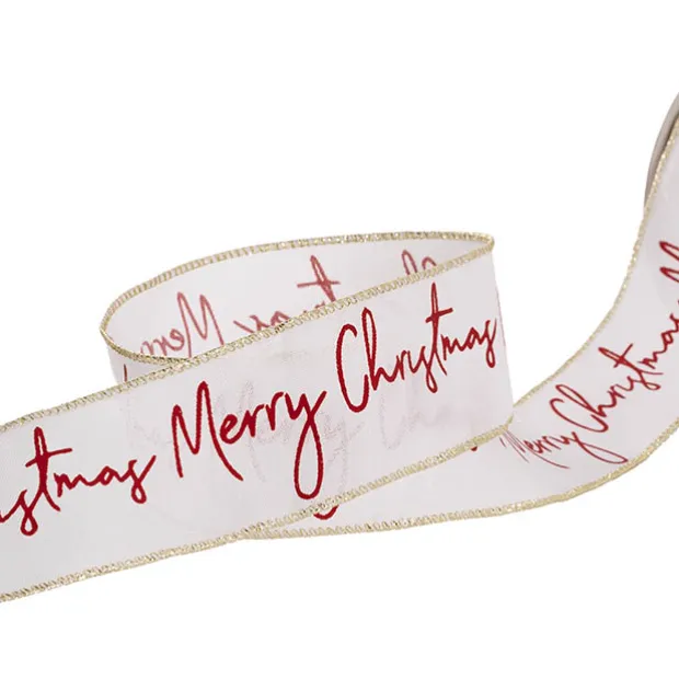 Ribbon Linen Wire Edge Red Merry Christmas White (60mmx20m)