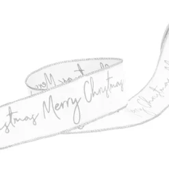 Ribbon Linen Wire Edge Silver Merry Xmas White (60mmx20m)