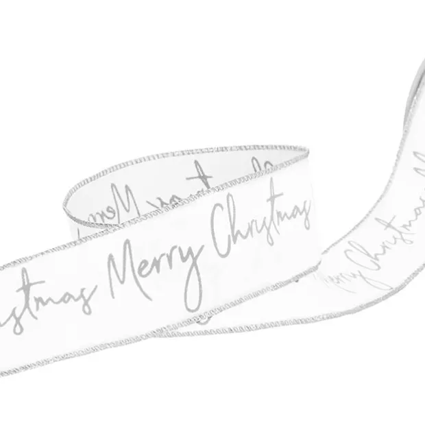 Ribbon Linen Wire Edge Silver Merry Xmas White (60mmx20m)