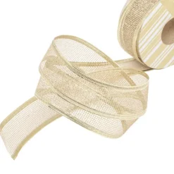 Ribbon Metallic Mesh Champagne Wired Edge (40mmx10m)