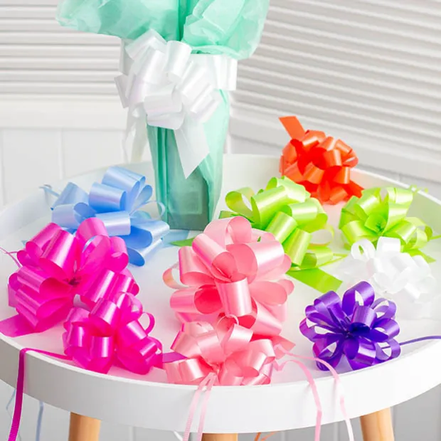 Ribbon Pull Bow Pom Pom Baby Blue (18mmx8.75cmD) Pack 5