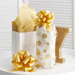 Ribbon Pull Bow Pom Pom Gold (32mmx12.5cm) Pack 5