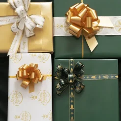 Ribbon Pull Bow Pom Pom Gold (32mmx12.5cm) Pack 5