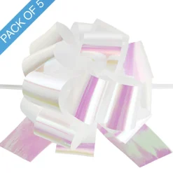 Ribbon Pull Bow Pom Pom Iridescent White (32mmx12.5cm) Pk5