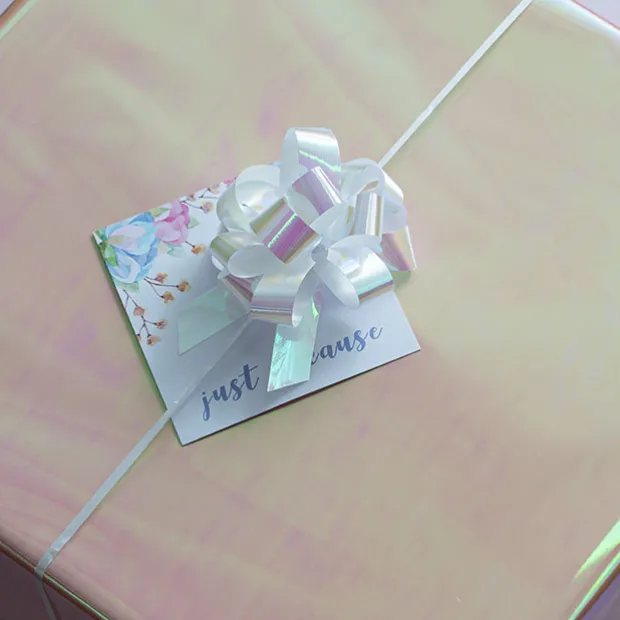 Ribbon Pull Bow Pom Pom Iridescent White (32mmx12.5cm) Pk5