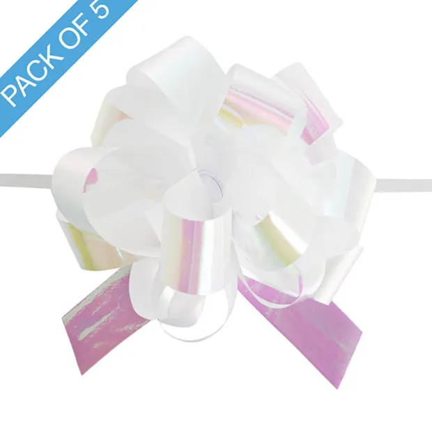 Ribbon Pull Bow Pom Pom Iridescent White (18mmx8.75cmD) Pk5